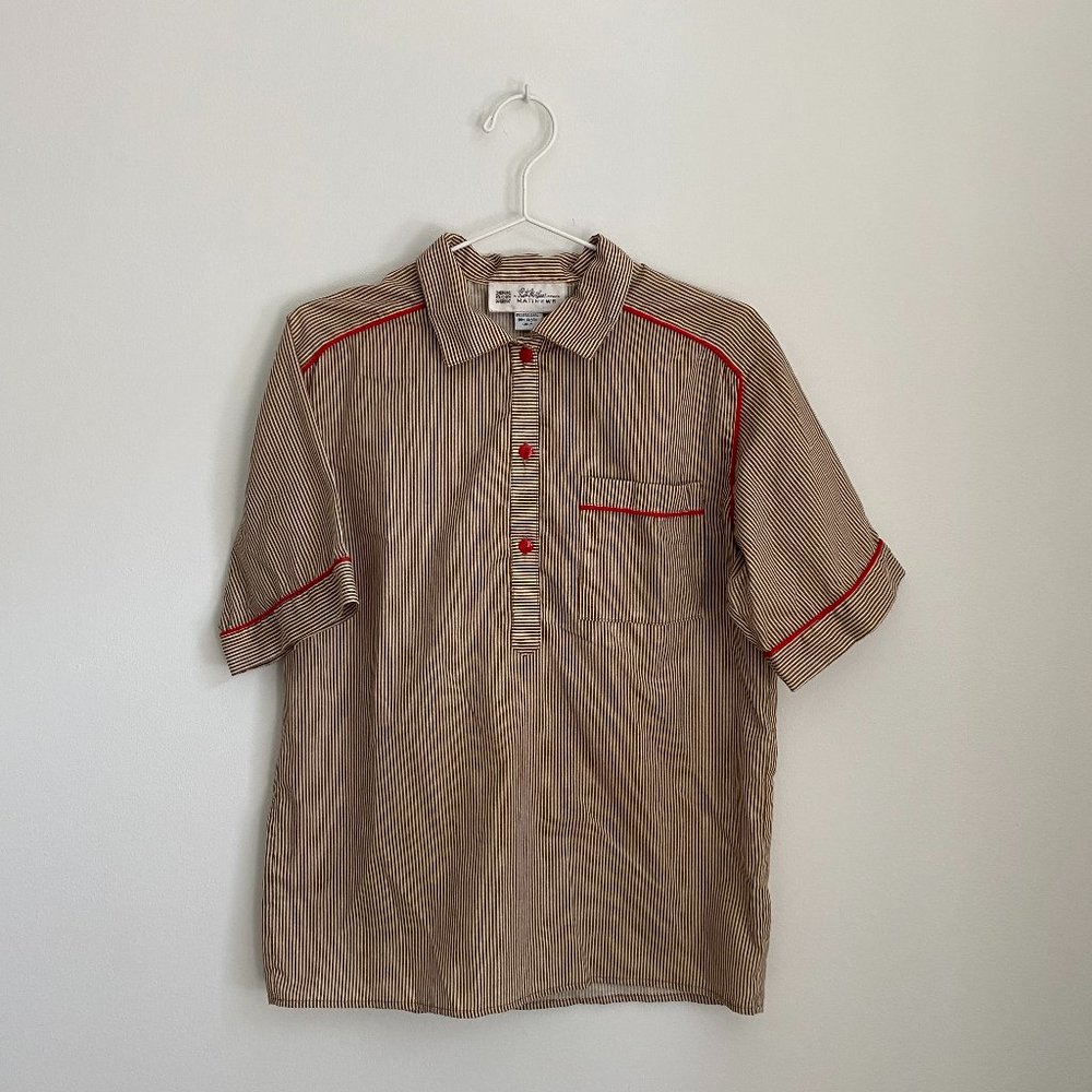 Vintage Ruth Mathews Brown Stripe Red Piping Polo Top